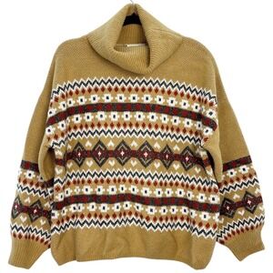 Margeaux Ellie Fair Isle Turtleneck Sweater Womens Large Tan Multicolor Metallic